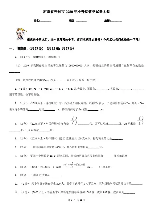 河南省开封市2020年小升初数学试卷B卷