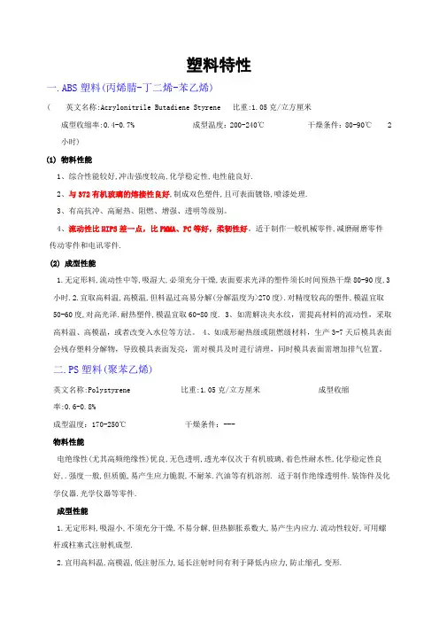 各种塑料特性(ABSPPPEPBTPOM)