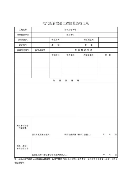 电气配管安装工程隐蔽验收记录