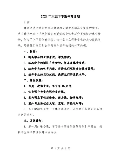 2024年大班下学期体育计划