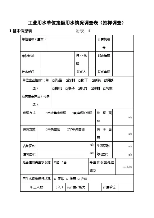 工业用水单位定额用水情况调查表
