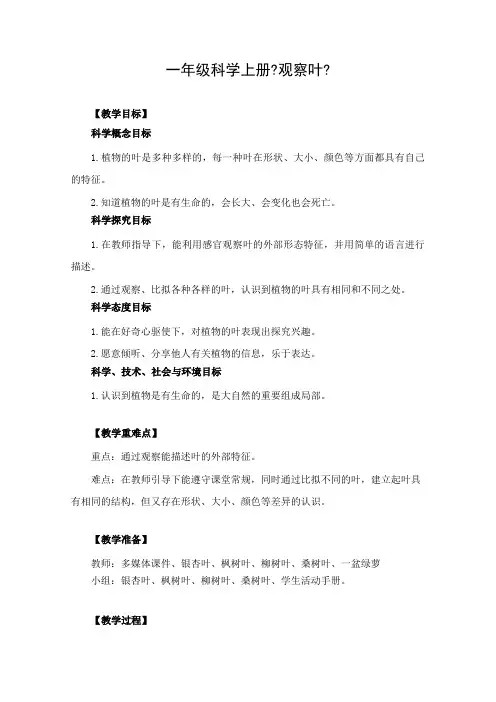 一年级科学上册《观察叶》