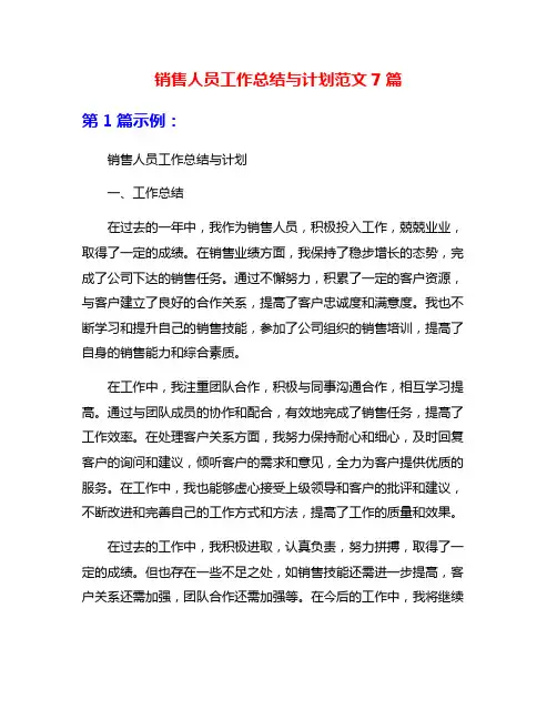 销售人员工作总结与计划范文7篇