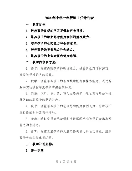 2024年小学一年级班主任计划表