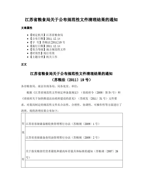江苏省粮食局关于公布规范性文件清理结果的通知