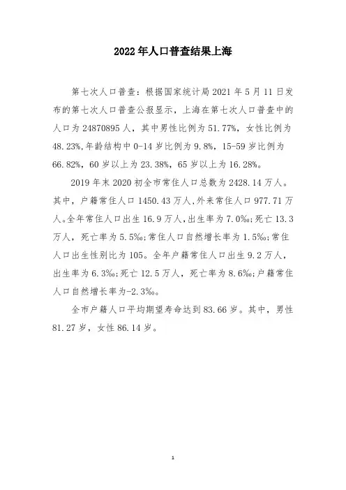 2022年人口普查结果上海