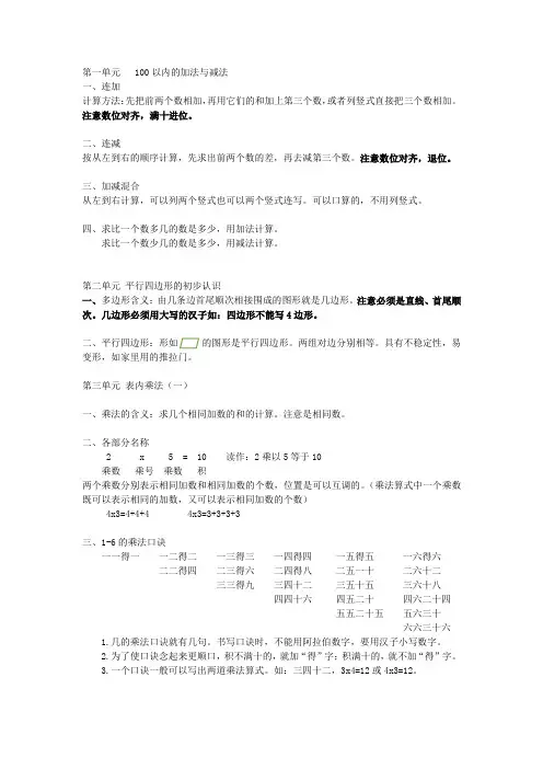 苏教版二年级上册数学知识点