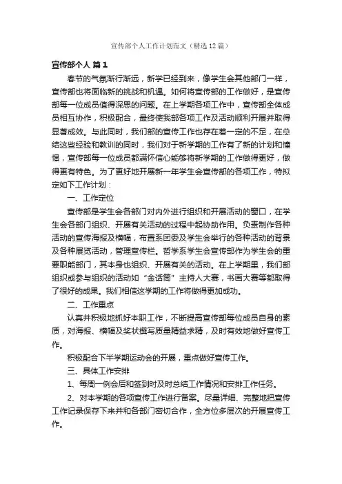 宣传部个人工作计划范文（精选12篇）