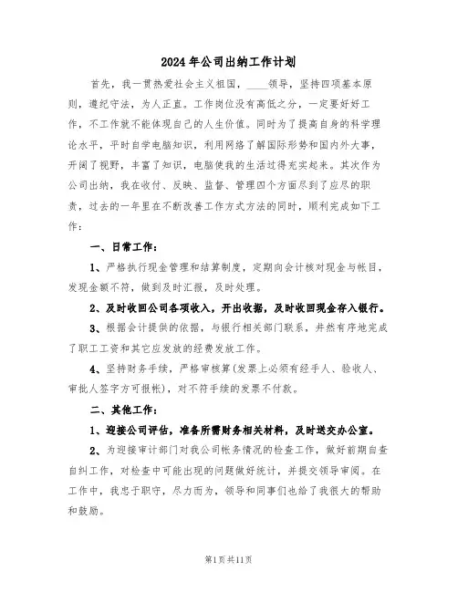 2024年公司出纳工作计划(五篇)