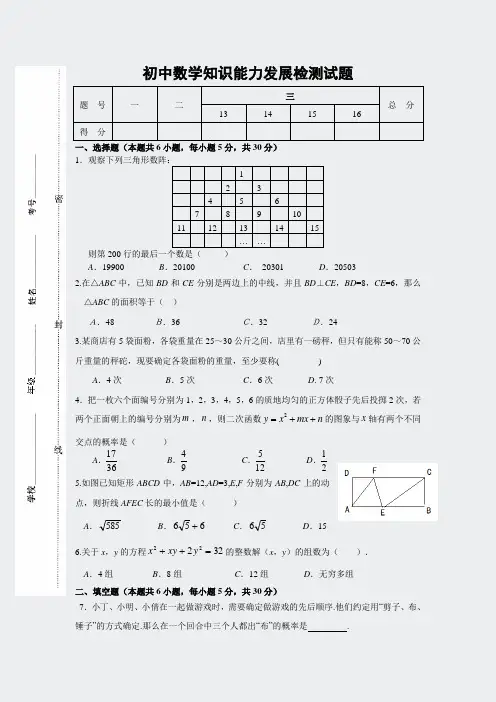 2014年九年级初中数学知识能力发展检测试题(含答案)