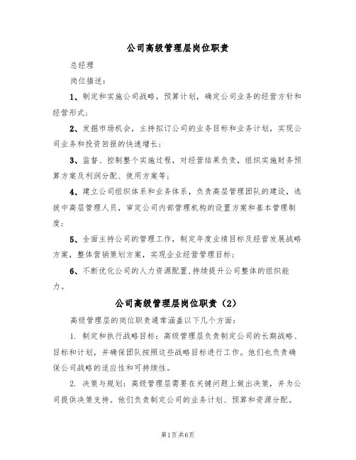 公司高级管理层岗位职责（5篇）