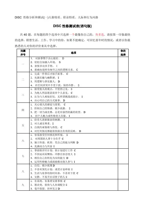 DISC性格测试表(语句版、词汇版)