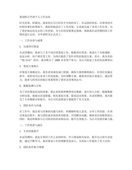 策划转正申请个人工作总结