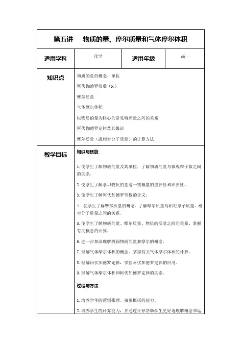 高一化学   物质的量、摩尔质量和气体摩尔体积教案 (2)
