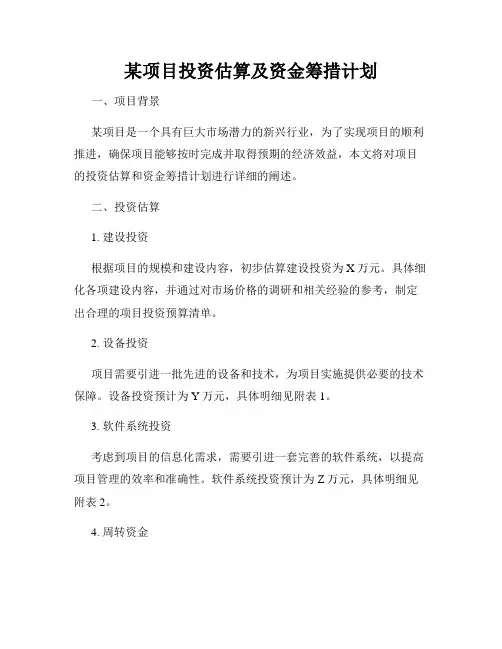 某项目投资估算及资金筹措计划