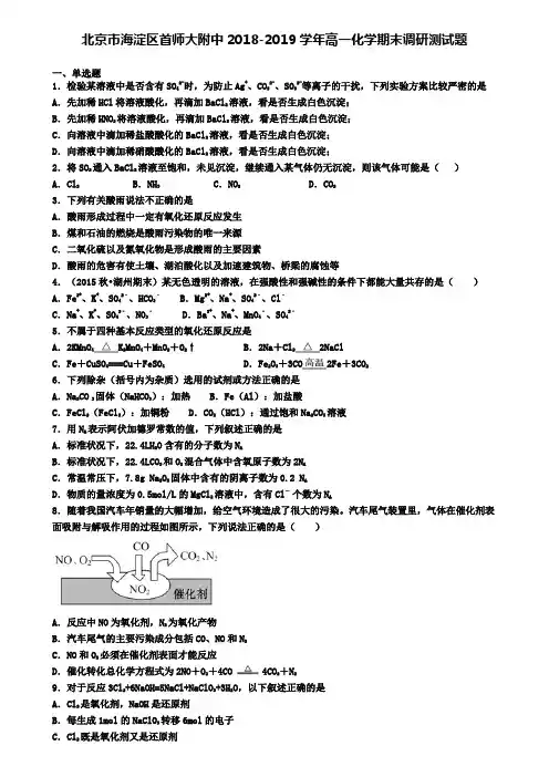 北京市海淀区首师大附中2018-2019学年高一化学期末调研测试题