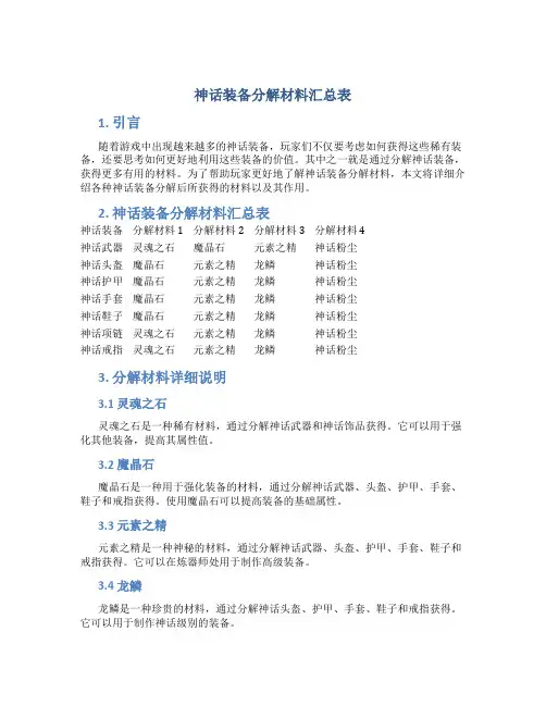 神话装备分解材料汇总表
