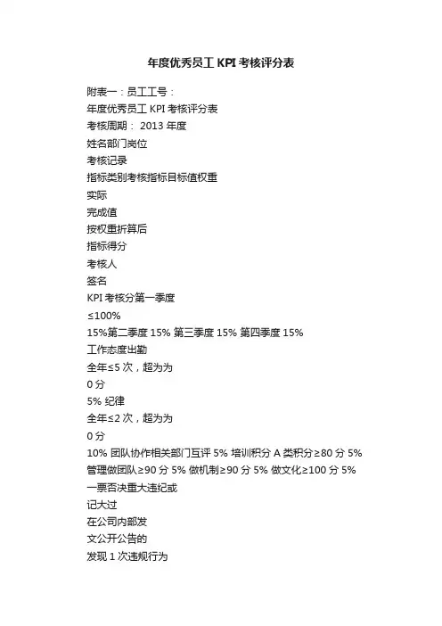 年度优秀员工KPI考核评分表