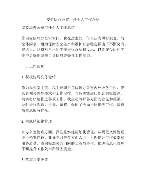 安监局办公室主任个人工作总结