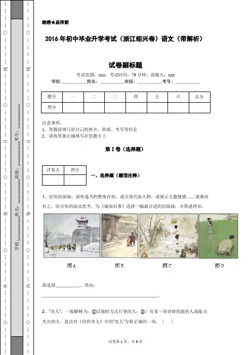 2016年初中毕业升学考试(浙江绍兴卷)语文(带解析)