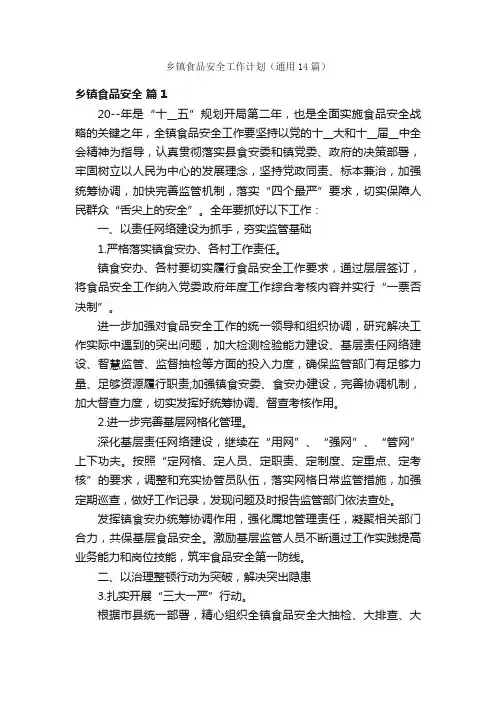 乡镇食品安全工作计划（通用14篇）