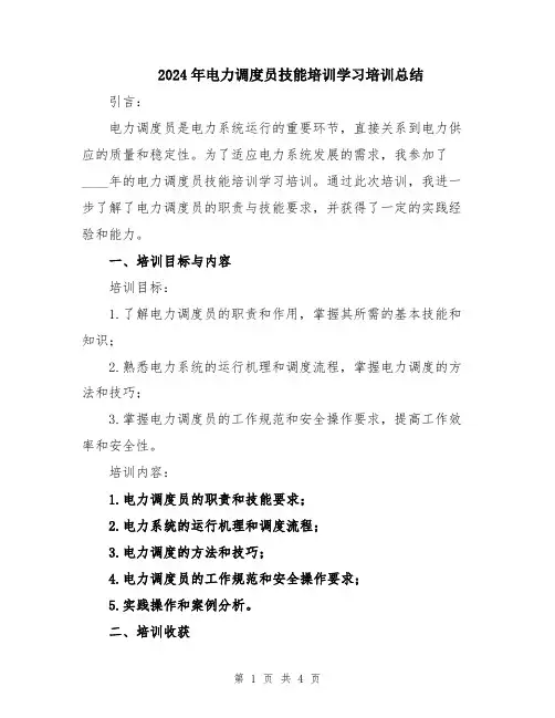 2024年电力调度员技能培训学习培训总结