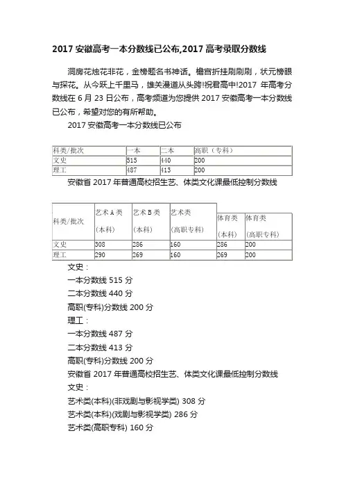 2017安徽高考一本分数线已公布,2017高考录取分数线