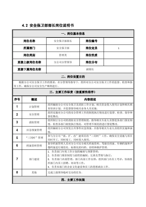 安全保卫部部长岗位说明书