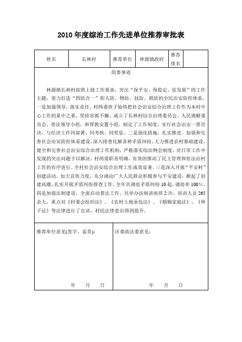 2010年度综治工作先进单位推荐审批表