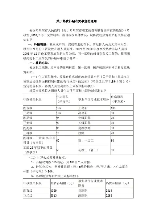 关于热费补贴有关事宜的通知