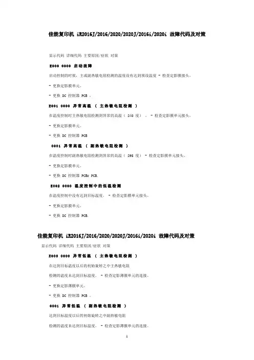 佳能复印机 iR2016J-2016-2020-2020J-2016i-2020i 故障代码及对策