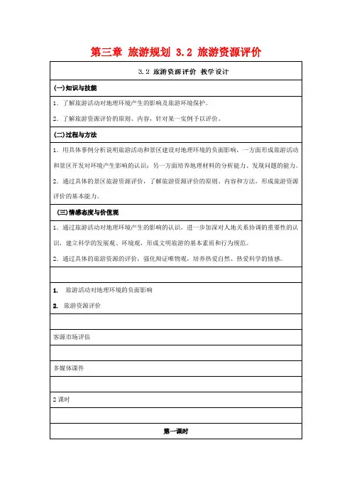 高中地理 第三章 旅游规划 3.2 旅游资源评价教案 湘教版选修3-湘教版高二选修3地理教案