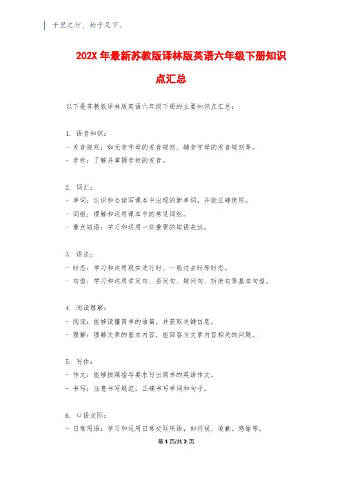202X年最新苏教版译林版英语六年级下册知识点汇总