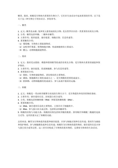 糖类脂质核酸的知识点