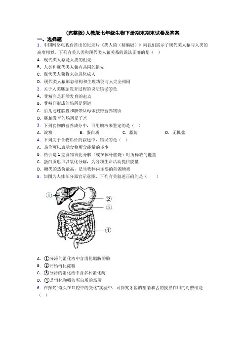 (完整版)人教版七年级生物下册期末期末试卷及答案
