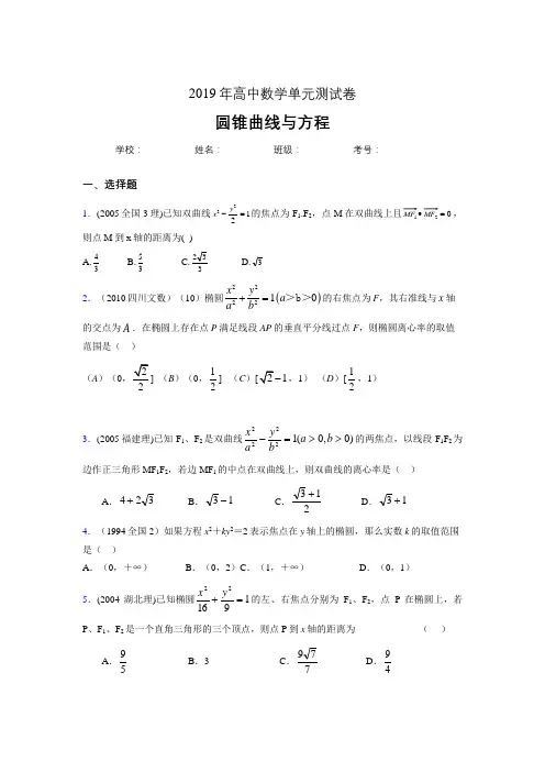 精编新版2019高中数学单元测试《圆锥曲线方程》完整题(含参考答案)