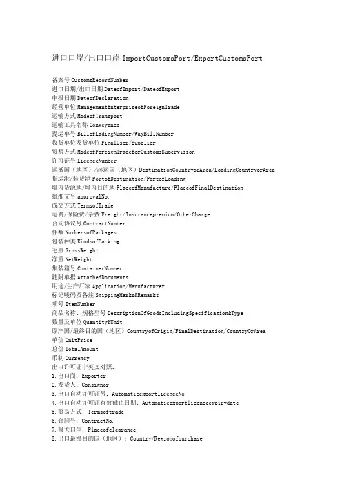 报关单英文对照