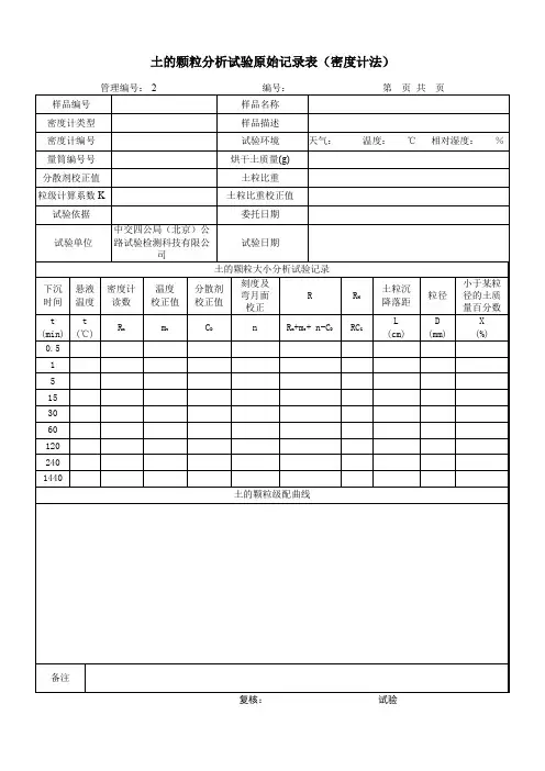 土的颗粒分析试验原始记录表(密度计法)