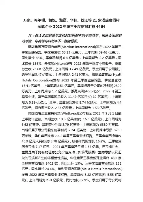 万豪、希尔顿、凯悦、雅高、华住、锦江等21家酒店度假村邮轮企业2022年第三季度财报汇总4464