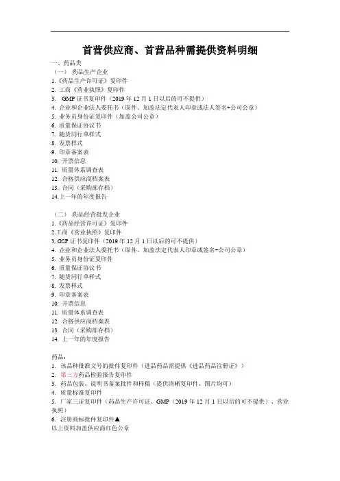 首营供应商、首营品种需提供资料明细200416