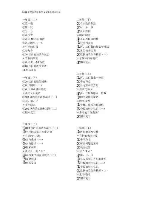 2023年整理苏教版小学数学1-6年级课本目录