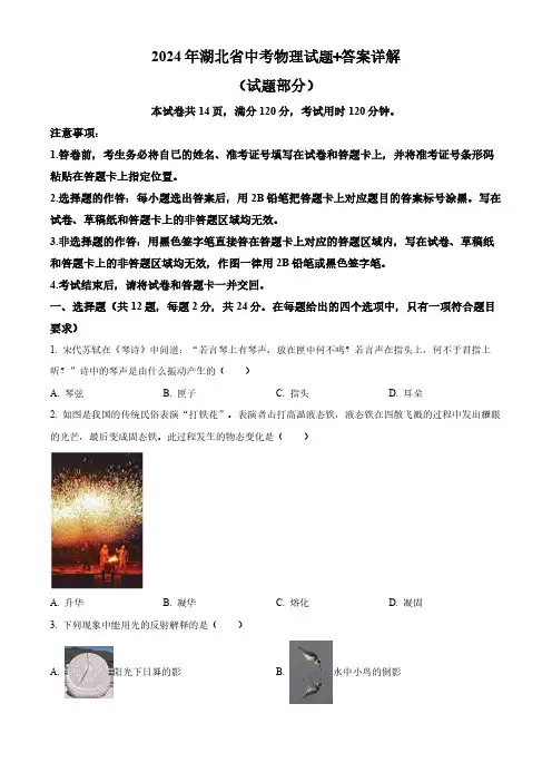 2024年湖北省中考物理试题+答案详解
