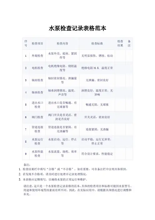 水泵检查记录表范本