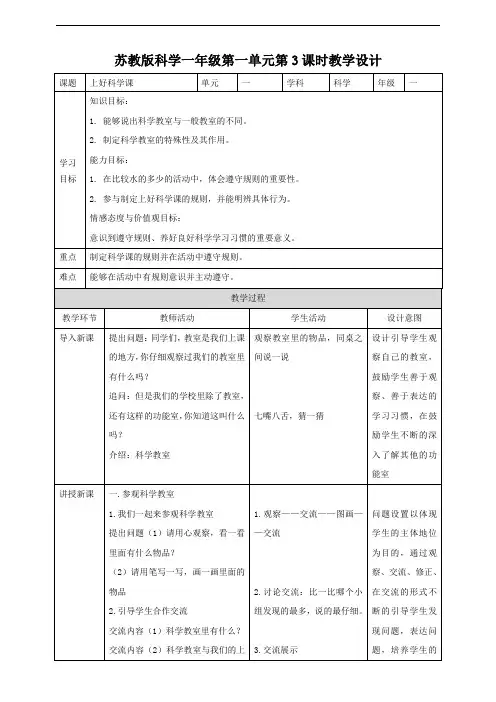 苏教版小学科学一年级上册第一单元第3课时《上好科学课》教案
