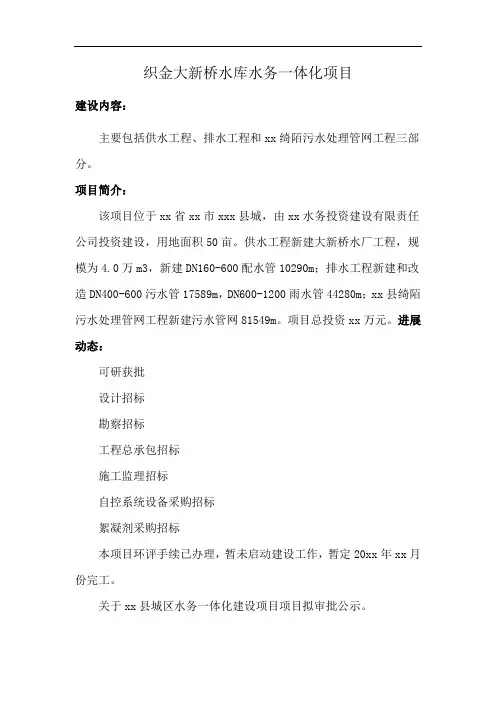 织金大新桥水库水务一体化项目