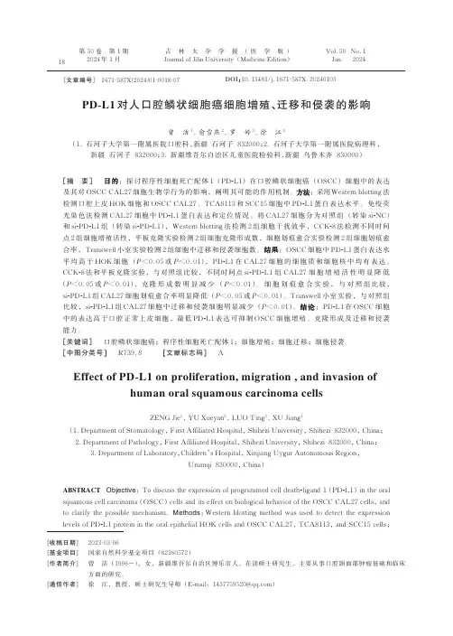 PD-L1对人口腔鳞状细胞癌细胞增殖、迁移和侵袭的影响