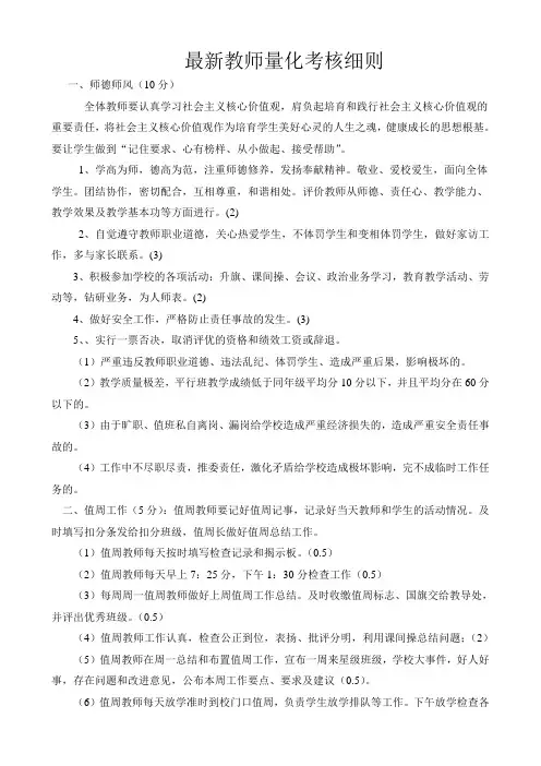 学校最新教师量化月考核细则