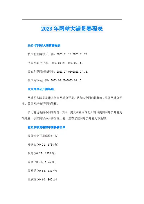 2023年网球大满贯赛程表