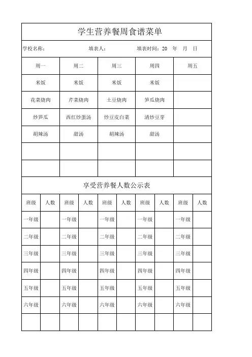 学生营养餐周食谱菜单1