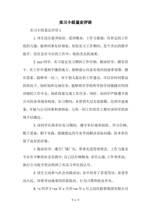 实习小组鉴定评语